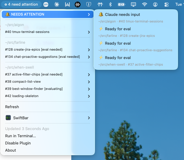 Aigon Radar menubar showing needs-attention items and live agent counts across multiple features
