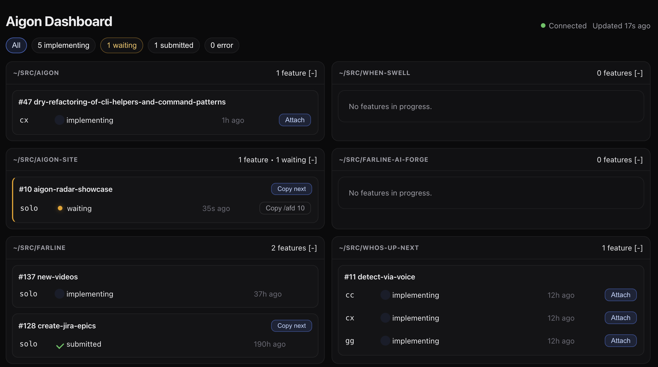Aigon Radar dashboard showing multiple repositories, features, agent statuses, attention items, and recent events in a single web view